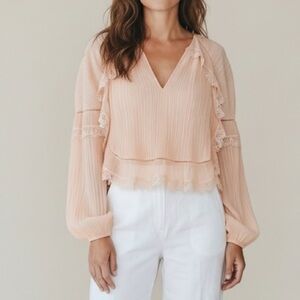 Vintage BCBGMaxazria Peach crinkle pleated Lace Bishop sleeve Sheer blouse